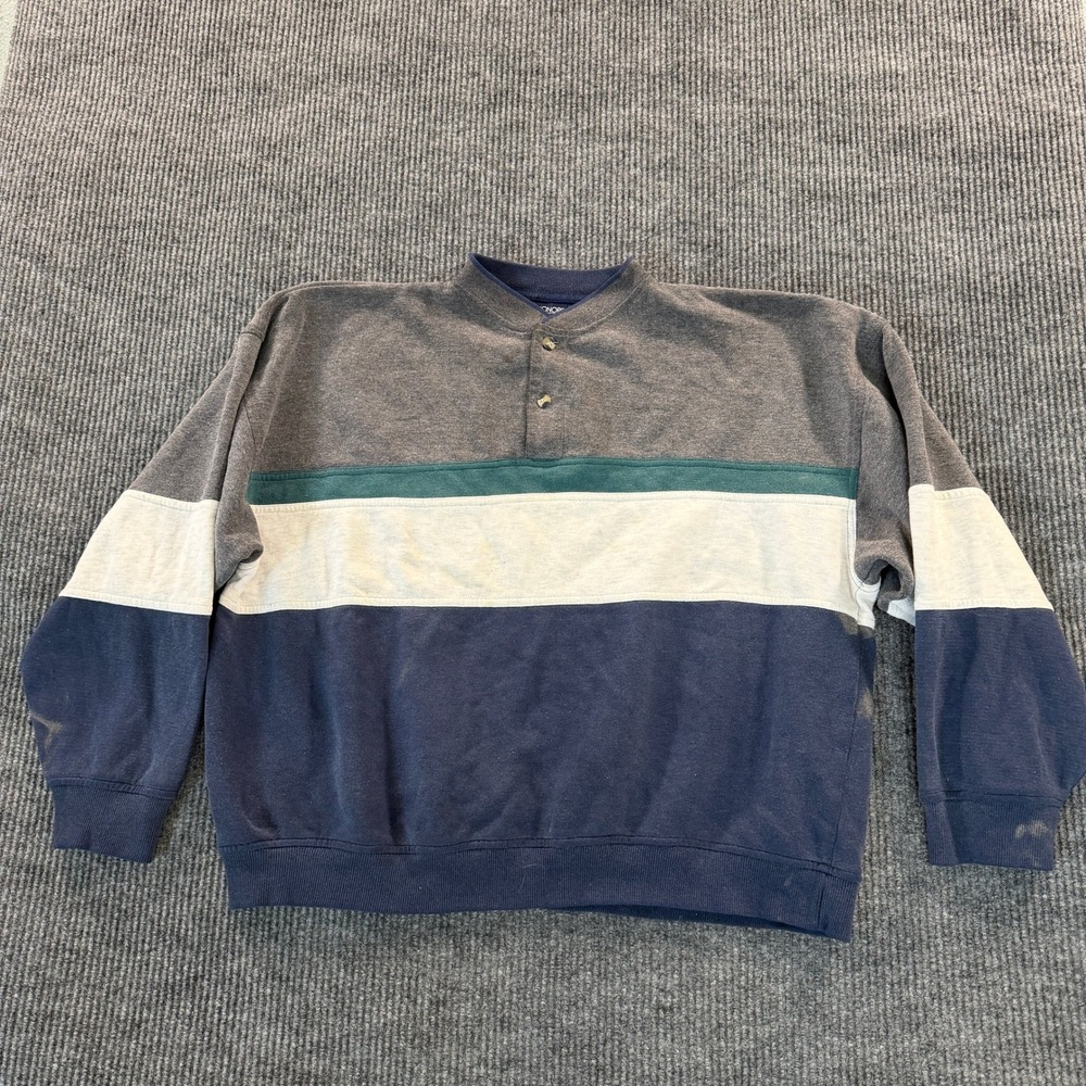 Honors Mens Colorblock Henley Sweatshirt XXL Blue Gray White Striped Vintage